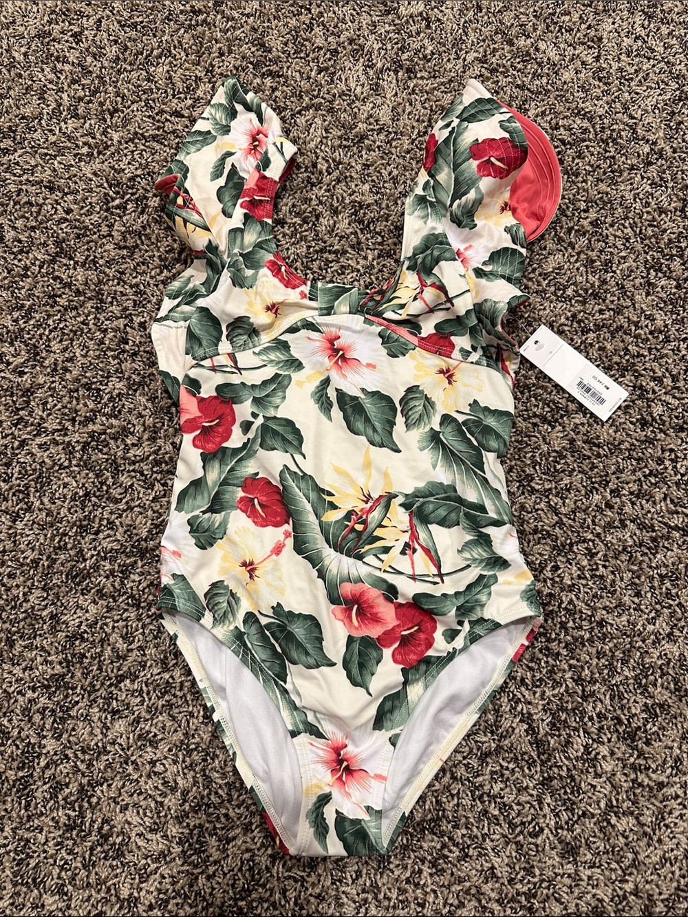 Janie and Jack Cream One-Piece Swimsuit with Red Floral and Green Leaves
